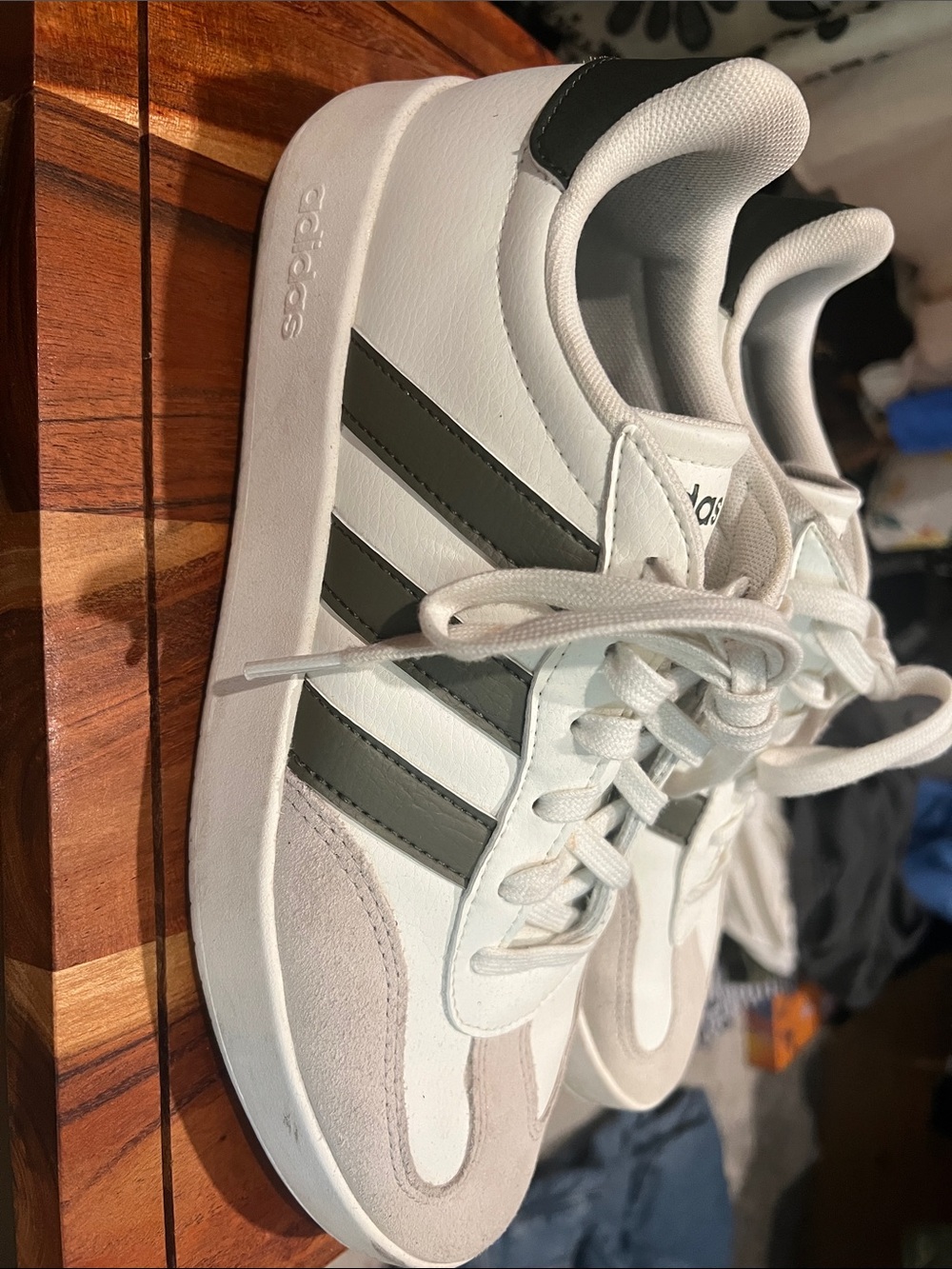 adidas White Sneakers with Olive Green Three Stripes